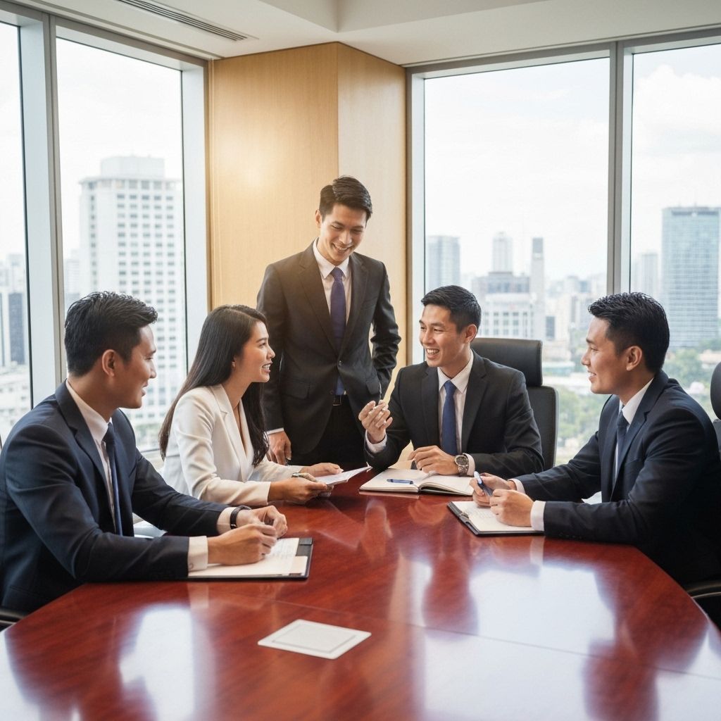 Malaysian business professionals in corporate meeting discussing company secretarial services